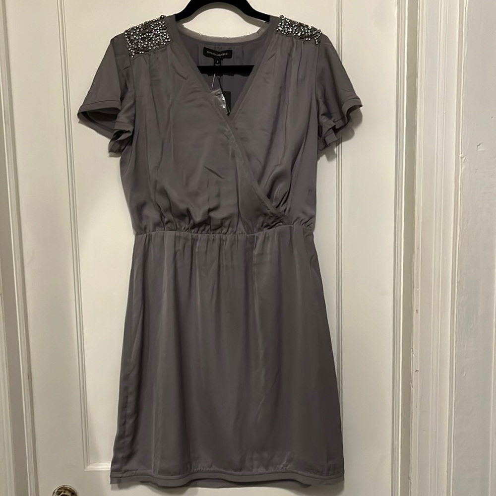 Gray silk Banana Republic dress with shoulder embellishments - Picture 1 of 5